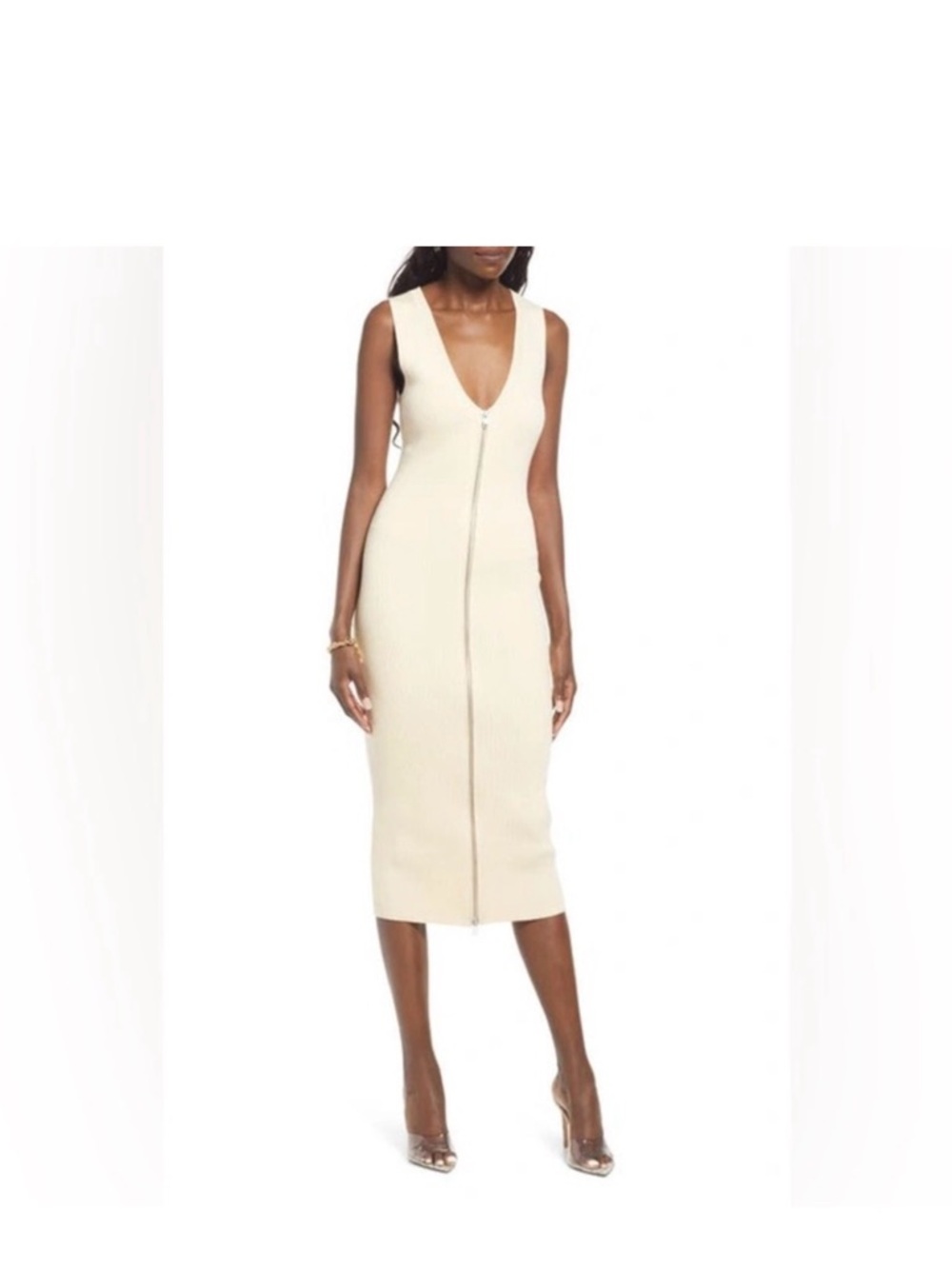 Open Edit Cream Ribbed Zip-Front Midi Dress - Picture 3 of 7